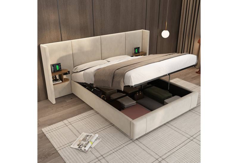 Flieks Polsterbett, Hydraulisches Doppelbett 160x200cm mit USB-Aufladen und 2 Nachttische von Flieks