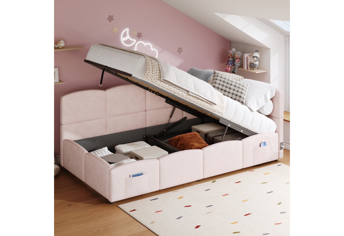 Flieks Polsterbett, Hydraulisches Kinderbett Daybett 90x200cm mit USB-Aufladen & Stauraum von Flieks