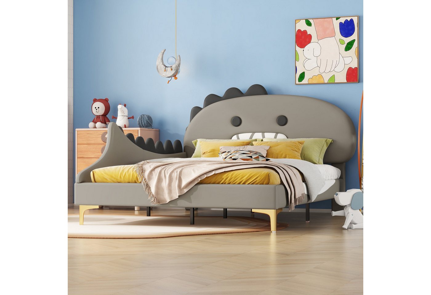 Flieks Polsterbett, Kinderbett 140x200cm mit Cartoon Dinosaurier Form Kopfteil Kunstleder Flieks Polsterbett, Kinderbett 140x200cm mit Cartoon Dinosaurier Form Kopfteil Kunstleder von Flieks