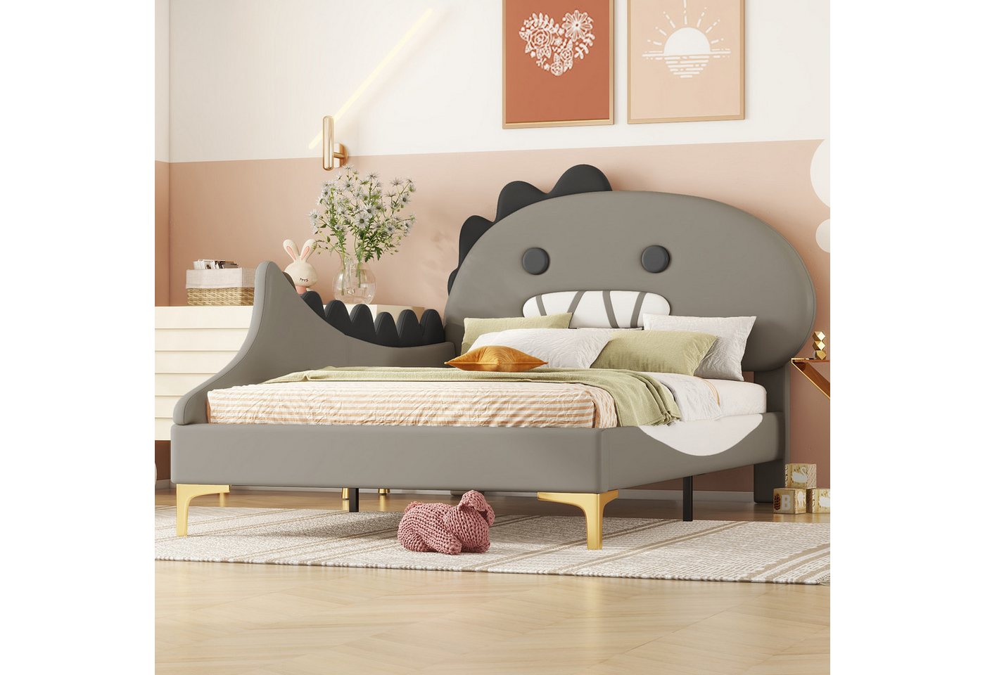 Flieks Polsterbett, Kinderbett 90x200cm mit Cartoon Dinosaurier Form Kopfteil Kunstleder von Flieks