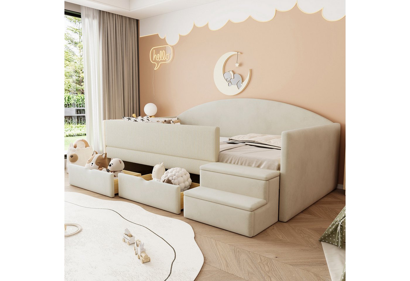 Flieks Polsterbett, Kinderbett Einzelbett 90x190cm mit 2 Schubladen Treppe Rausfallschutz von Flieks