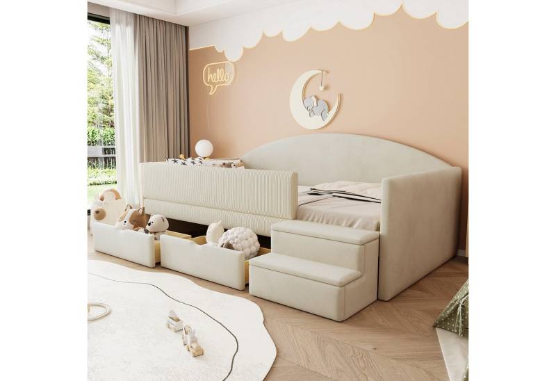 Flieks Polsterbett, Kinderbett Einzelbett 90x190cm mit 2 Schubladen Treppe Rausfallschutz von Flieks