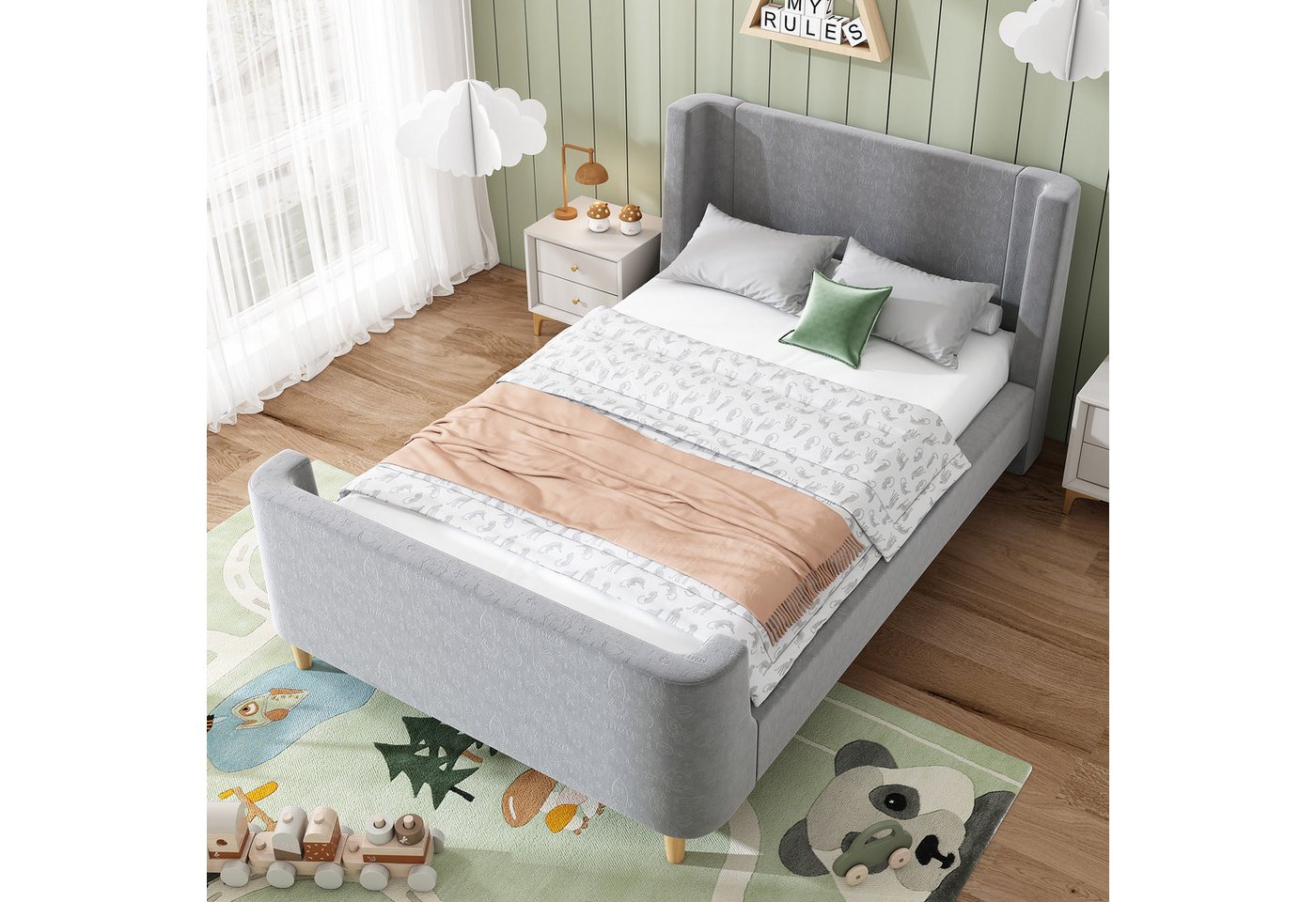 Flieks Polsterbett, Kinderbett Einzelbett 90x200cm mit kosmischem Muster Samt von Flieks