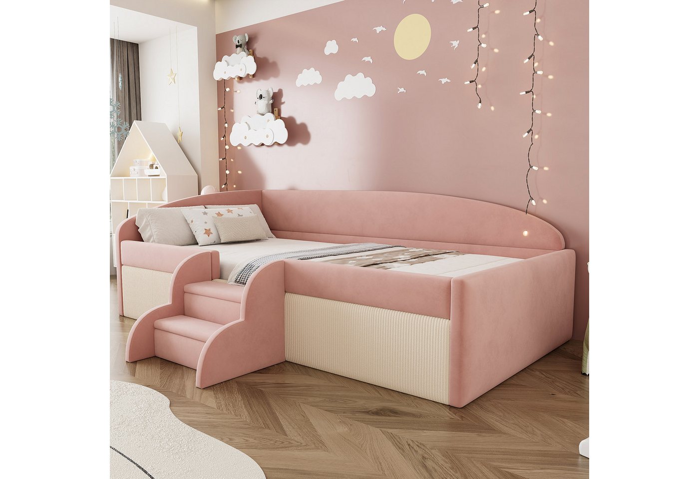 Flieks Polsterbett, Kinderbett Schlafsofa Einzelbett 90x190cm mit Treppe und Lattenrost von Flieks