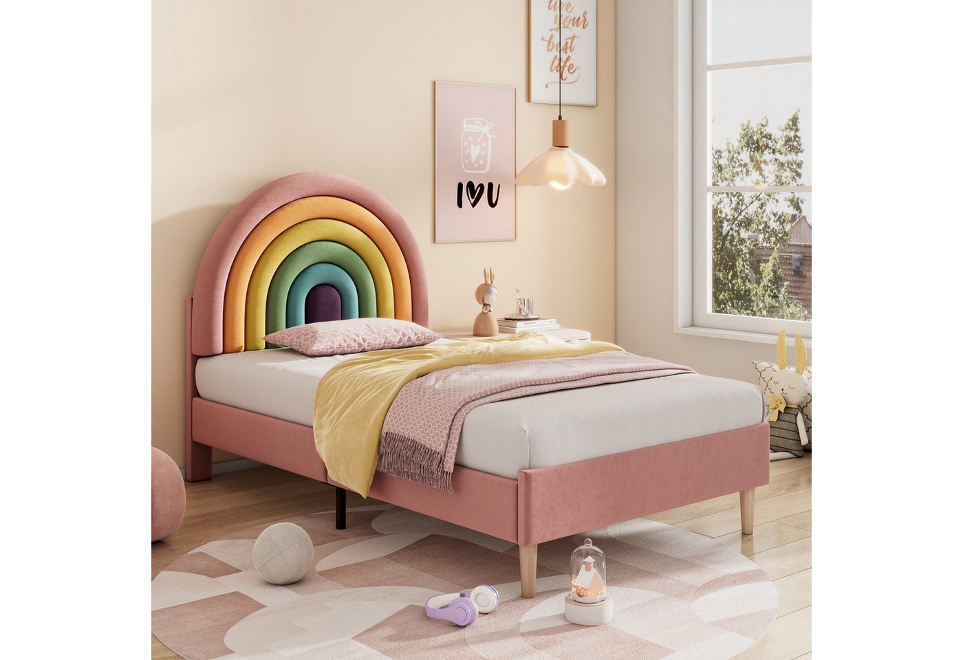 Flieks Polsterbett, Kinderbett mit verstellbarem Regenbogen-Kopfteil 90x200cm Samt von Flieks