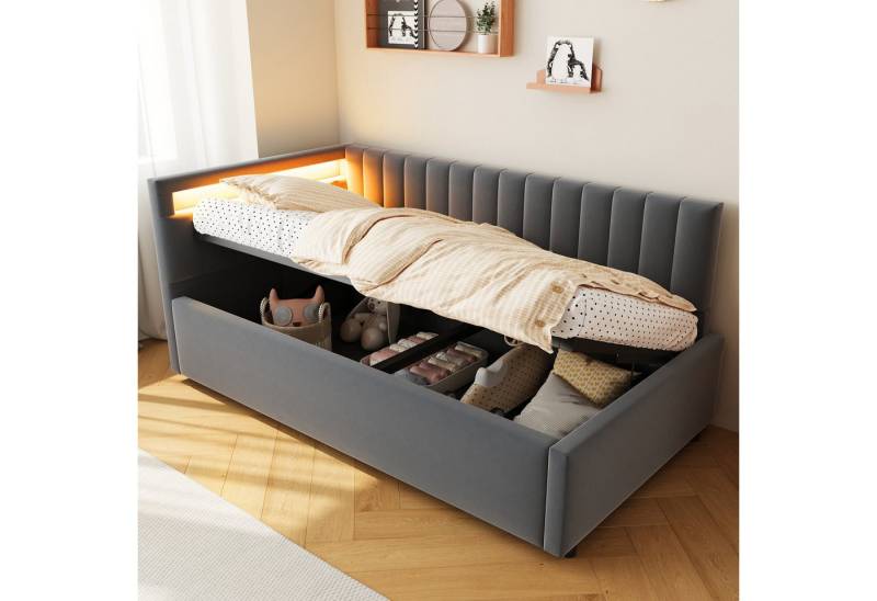 Flieks Polsterbett, LED Daybett Schlafsofa Einzelbett 90x200cm mit hydraulischem Stauraum von Flieks