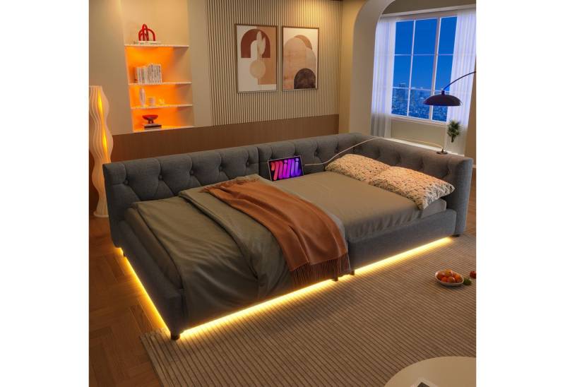 Flieks Polsterbett, LED Daybett Schlafsofa Einzelbett Tagesbett 90x200cm mit USB-Aufladen von Flieks