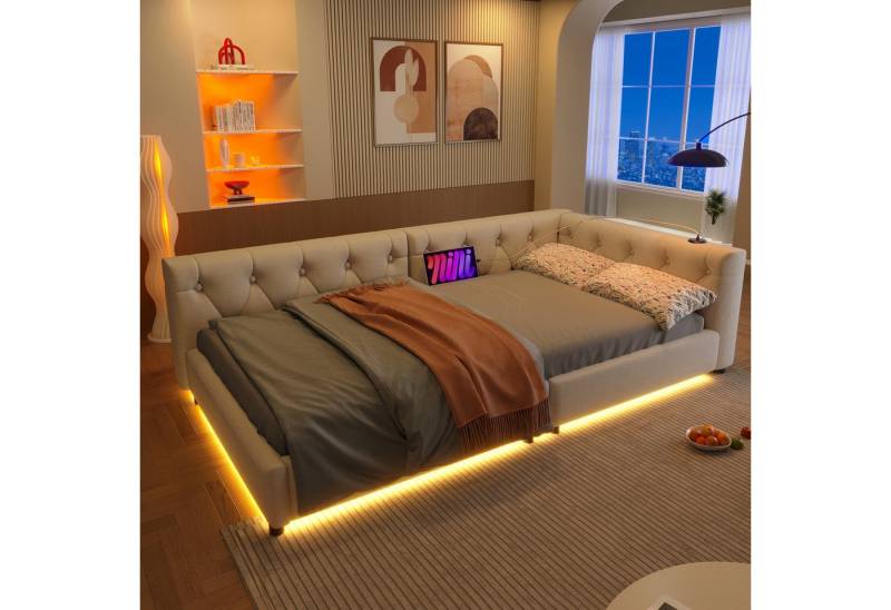 Flieks Polsterbett, LED Daybett Schlafsofa Einzelbett Tagesbett 90x200cm mit USB-Aufladen von Flieks