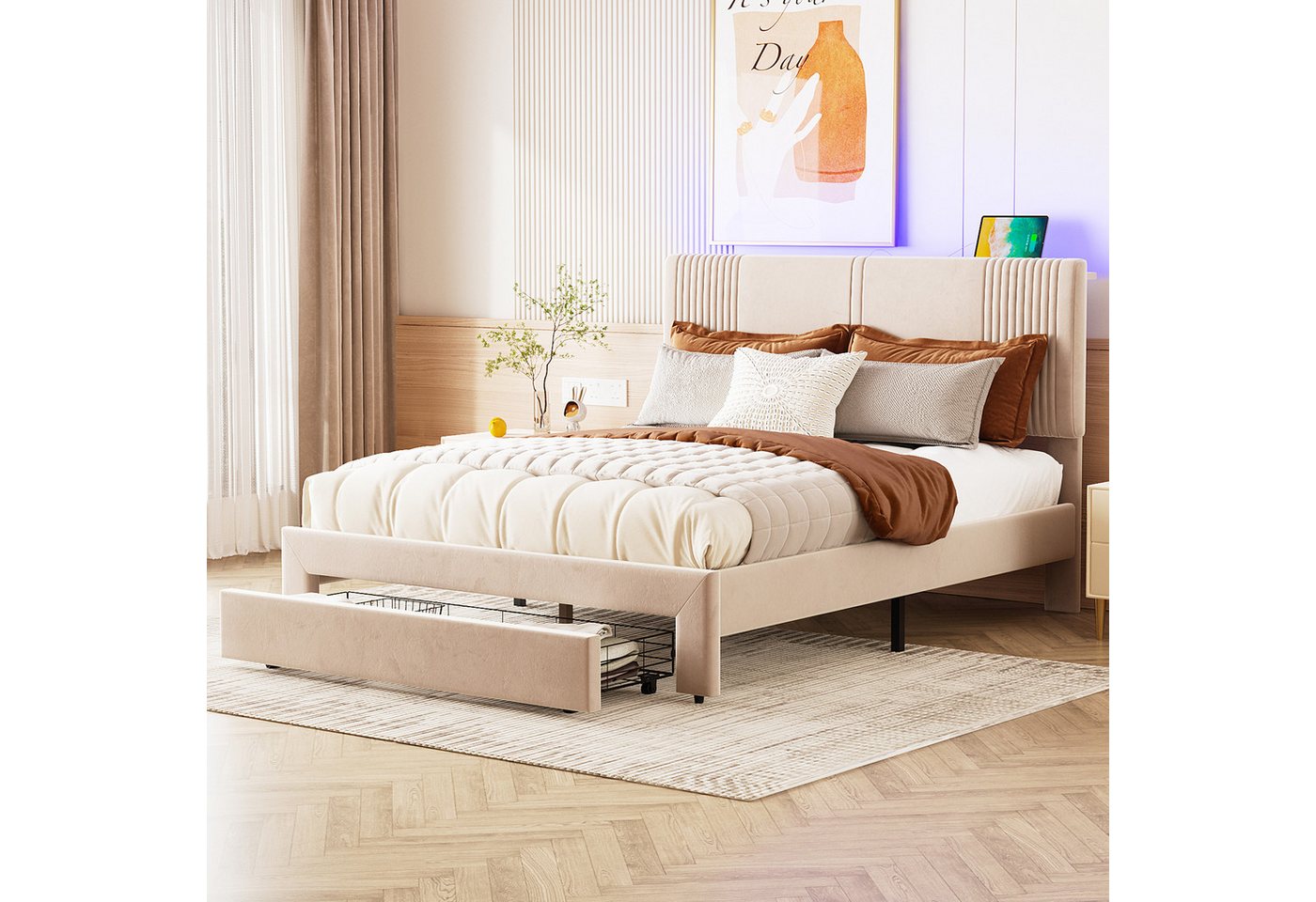 Flieks Polsterbett, LED Doppelbett 140x200cm mit 2 USB-Ladeanschlüsse und großer Schublade von Flieks