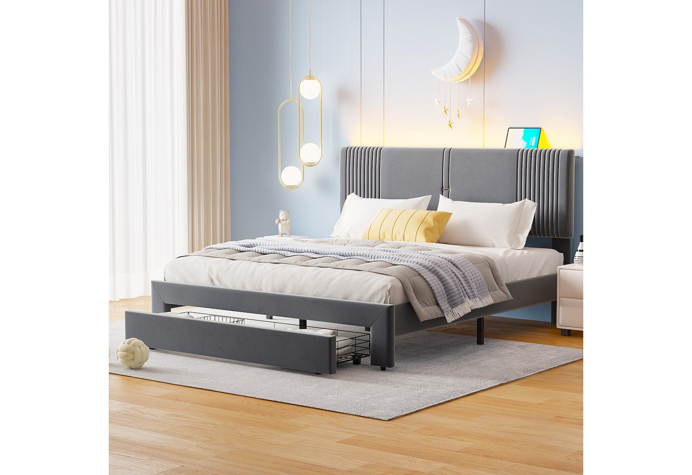 Flieks Polsterbett, LED Doppelbett 160x200cm mit 2 USB-Ladeanschlüsse und großer Schublade Flieks Polsterbett, LED Doppelbett 160x200cm mit 2 USB-Ladeanschlüsse und großer Schublade von Flieks