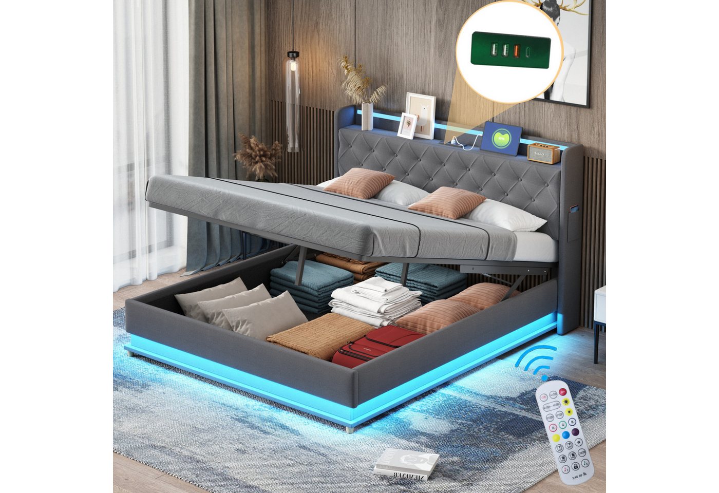 Flieks Polsterbett, LED Hydraulisches Stauraumbett Doppelbett mit Ladefunktion 160x200cm von Flieks