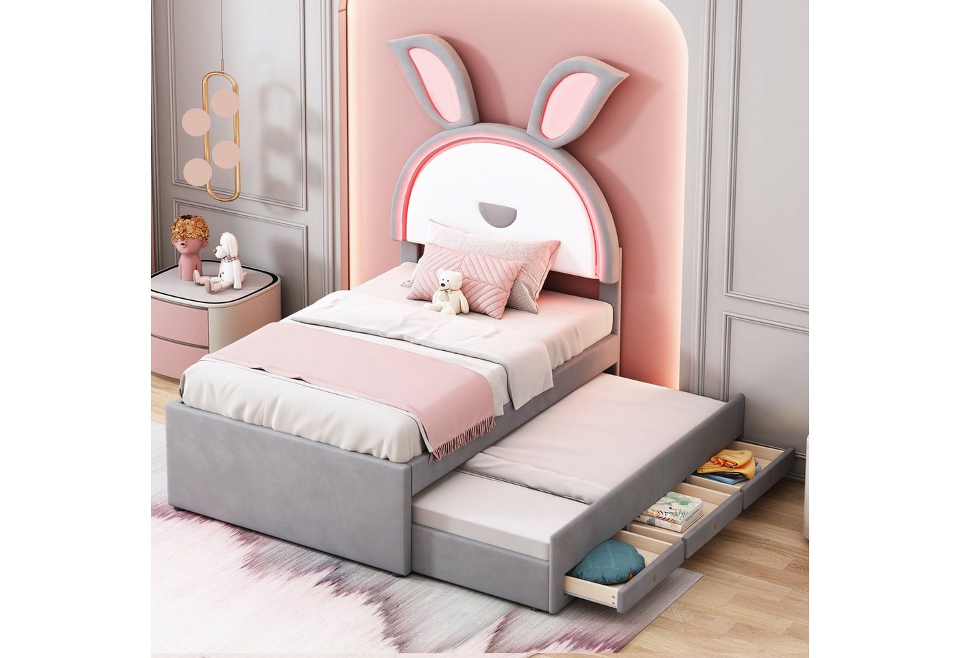Flieks Polsterbett, LED Kinderbett 90x200cm mit Schubladen/ausziehbarem Bett 90x190cm Samt von Flieks