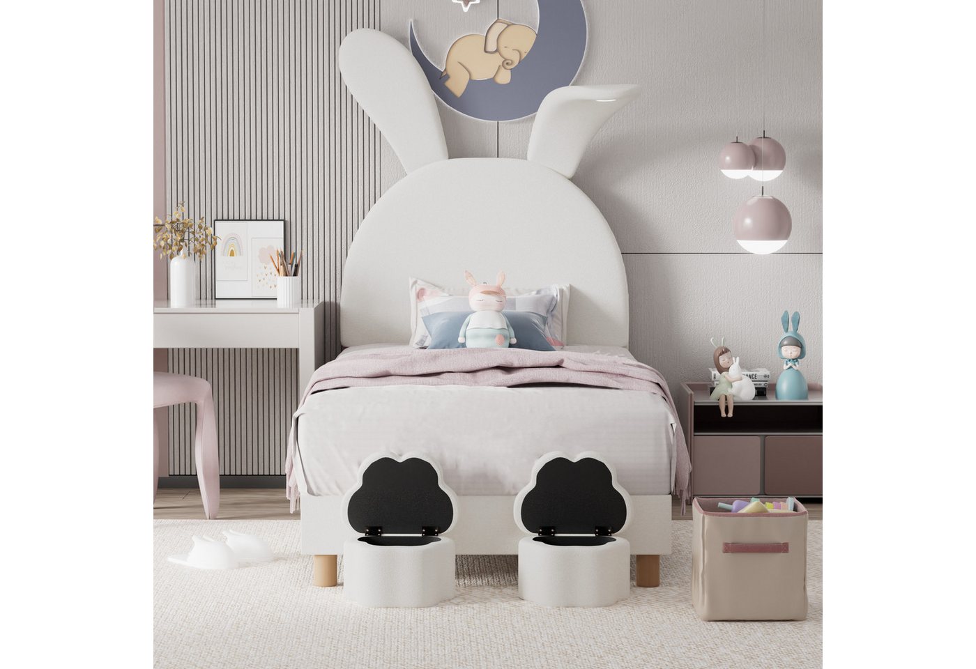 Flieks Polsterbett, LED Kinderbett 90x200cm mit ausklappbaren Hasenohren + Stauraumhockern von Flieks