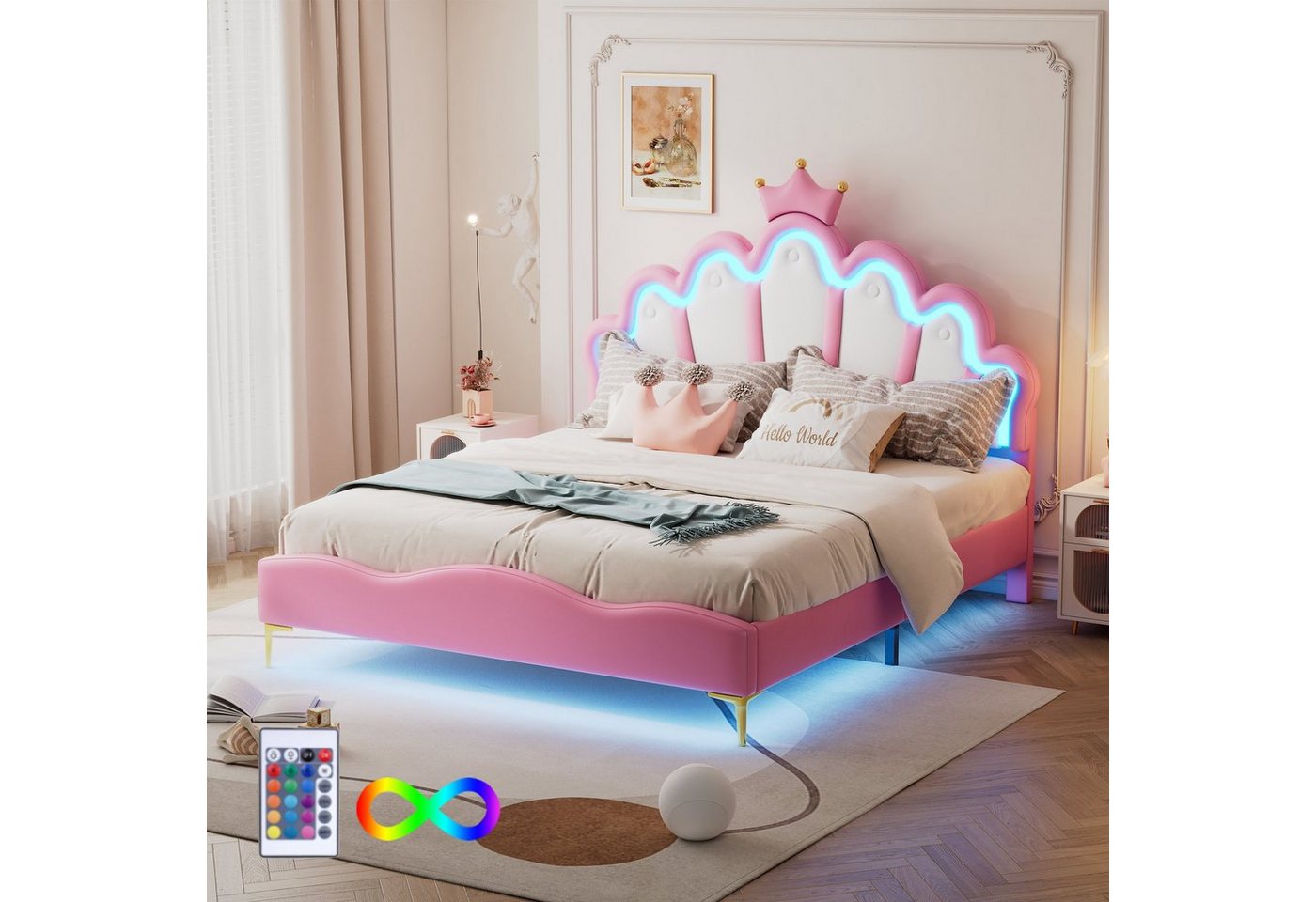 Flieks Polsterbett, LED Kinderbett Doppelbett mit krone-Form Prinzessinnenbett 140x200cm von Flieks