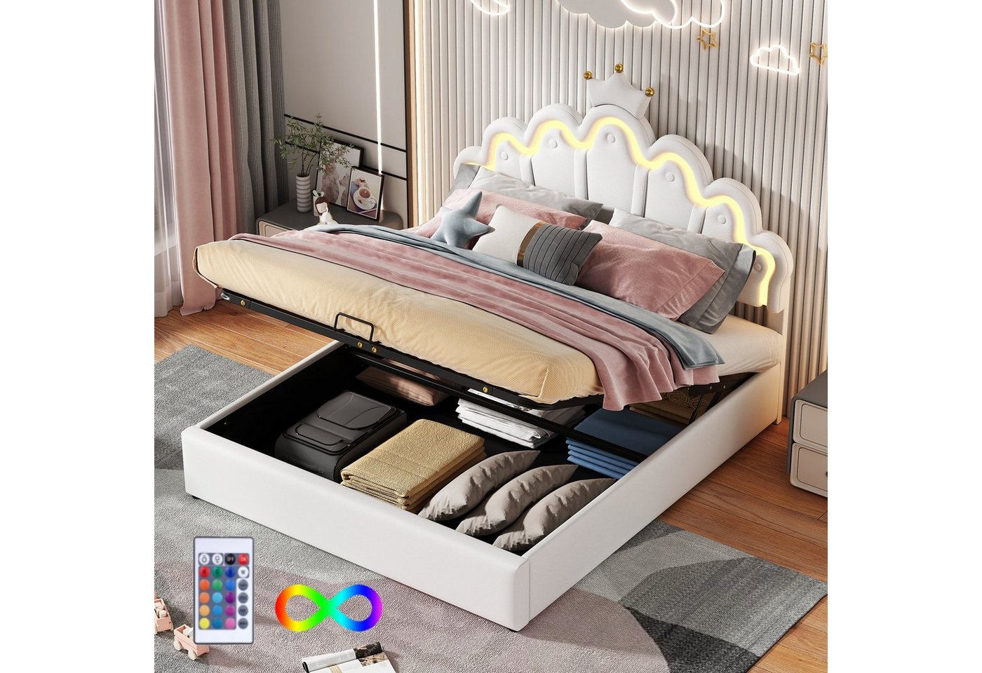Flieks Polsterbett, LED Kinderbett Doppelbett mit krone-Form Prinzessinnenbett 140x200cm Flieks Polsterbett, LED Kinderbett Doppelbett mit krone-Form Prinzessinnenbett 140x200cm von Flieks