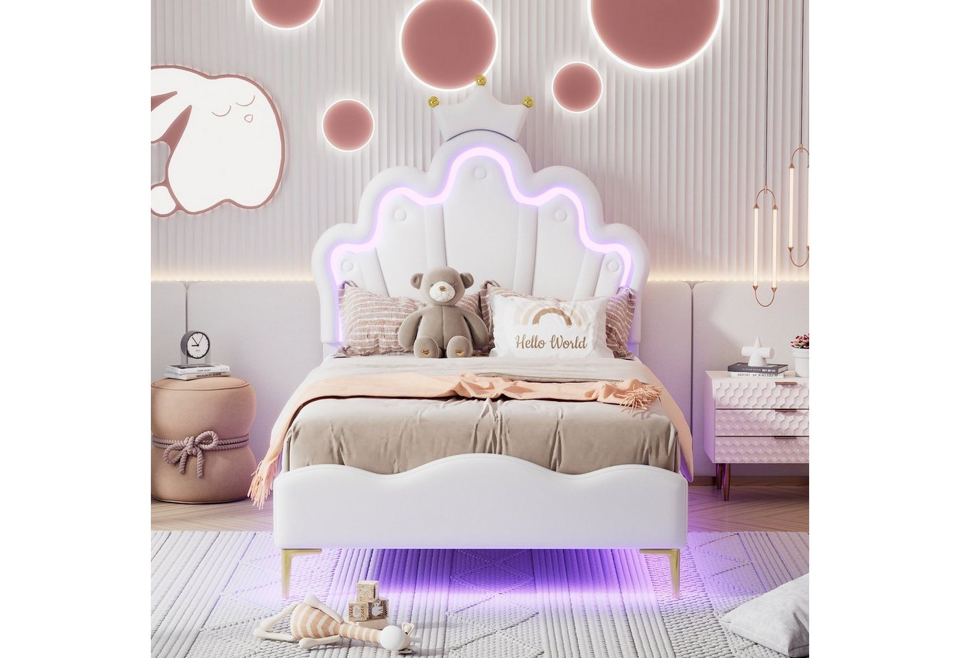 Flieks Polsterbett, LED Kinderbett Einzelbett mit krone-Form Prinzessinnenbett 90x200cm von Flieks