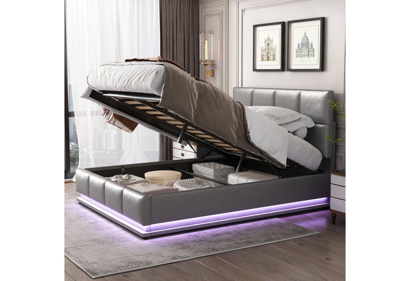 Flieks Polsterbett, LED hydraulisches Doppelbett Kunstleder 140x200cm von Flieks