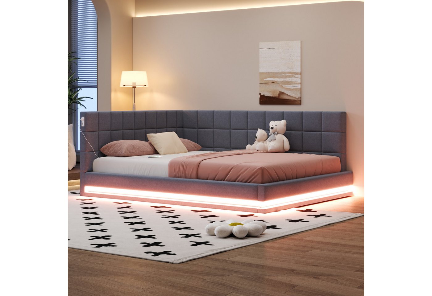 Flieks Polsterbett, Leinen Daybett Tagesbett Schlafsofa 160x200cm mit LED und USB Aufladen von Flieks