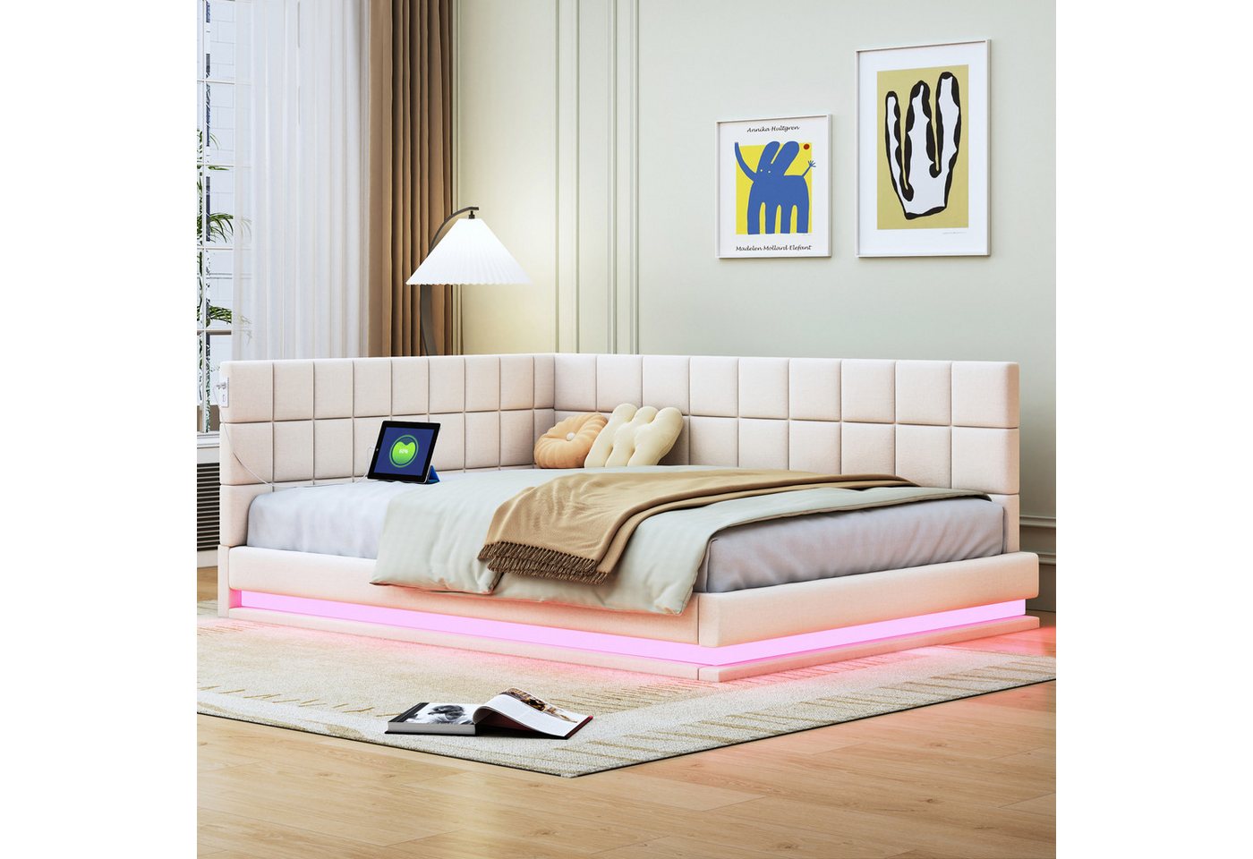 Flieks Polsterbett, Samt Daybett Tagesbett Schlafsofa 140x200cm mit LED und USB Aufladen von Flieks