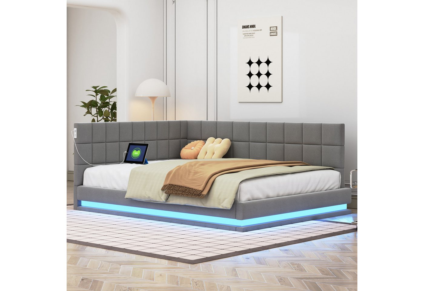 Flieks Polsterbett, Samt Daybett Tagesbett Schlafsofa 140x200cm mit LED und USB Aufladen von Flieks