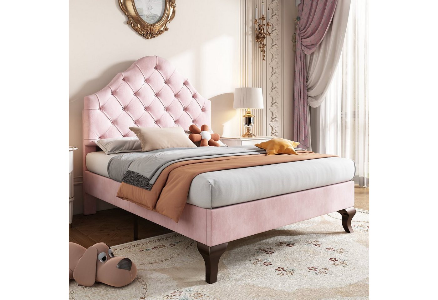 Flieks Polsterbett, Samt Einzelbett mit höhenverstellbarem Kopfteil 90x200cm rosa von Flieks