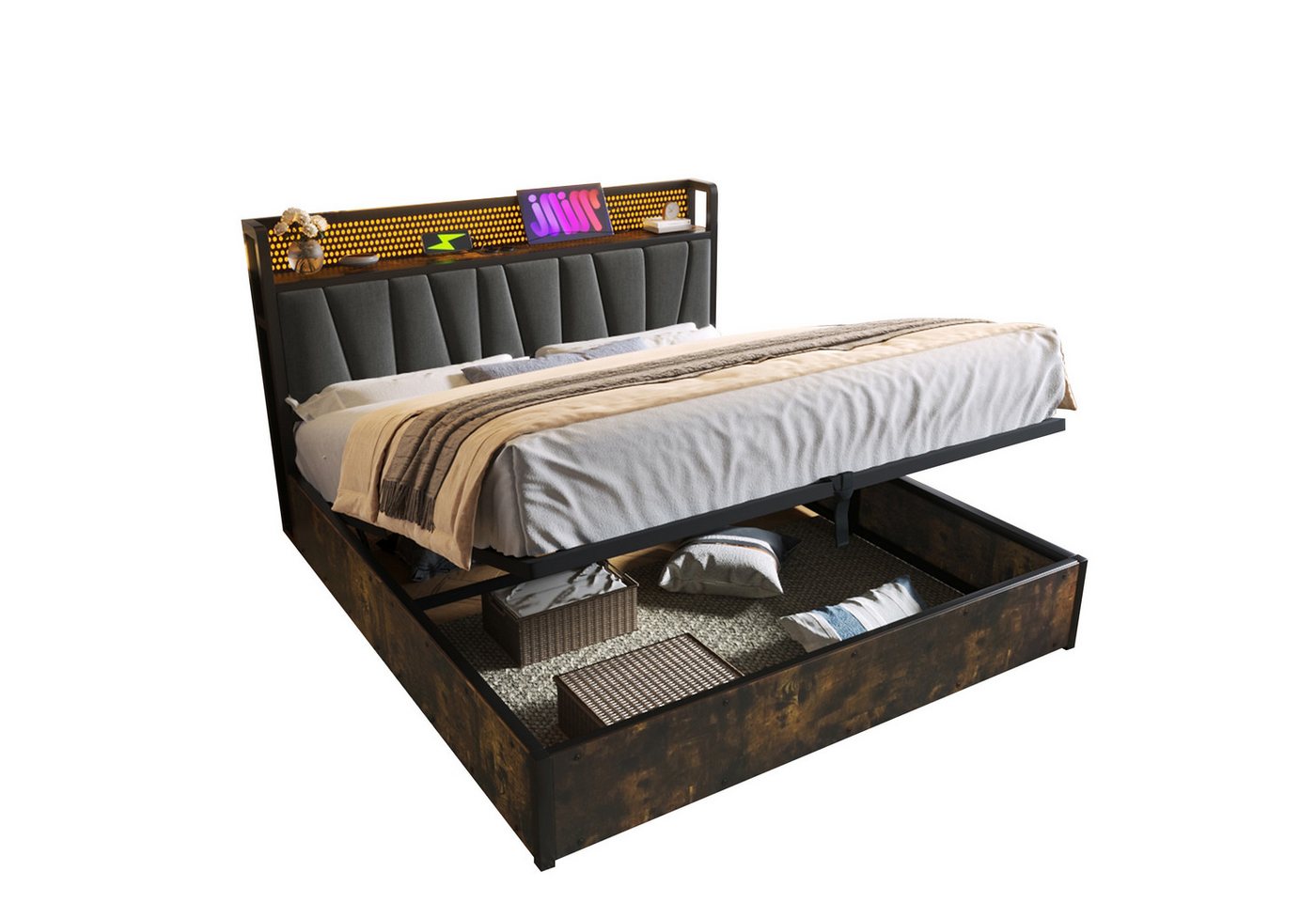 Flieks Polsterbett (1-tlg), LED Metallbett Holzbett mit Ladefunktion und Stauraum 140x200cm von Flieks