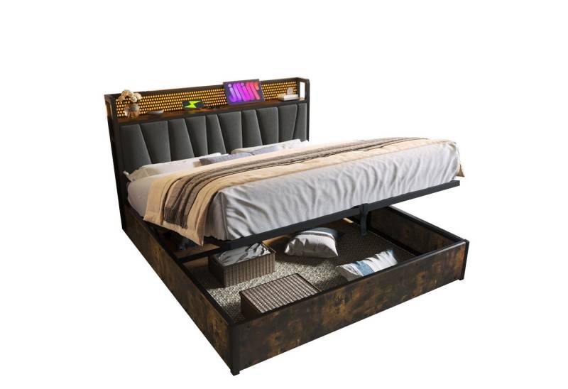 Flieks Polsterbett (1-tlg), LED Metallbett Holzbett mit Ladefunktion und Stauraum 140x200cm von Flieks
