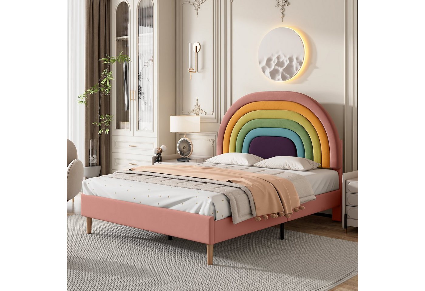 Flieks Polsterbett, Kinderbett mit verstellbarem Regenbogen-Kopfteil 140x200cm Samt von Flieks