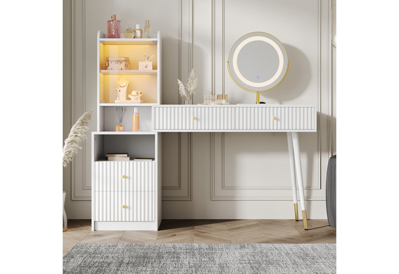 Flieks Schminktisch, 100x40x125cm mit dreifarbigem LED-Spiegel, 4 Schubladen, Glasschrank von Flieks