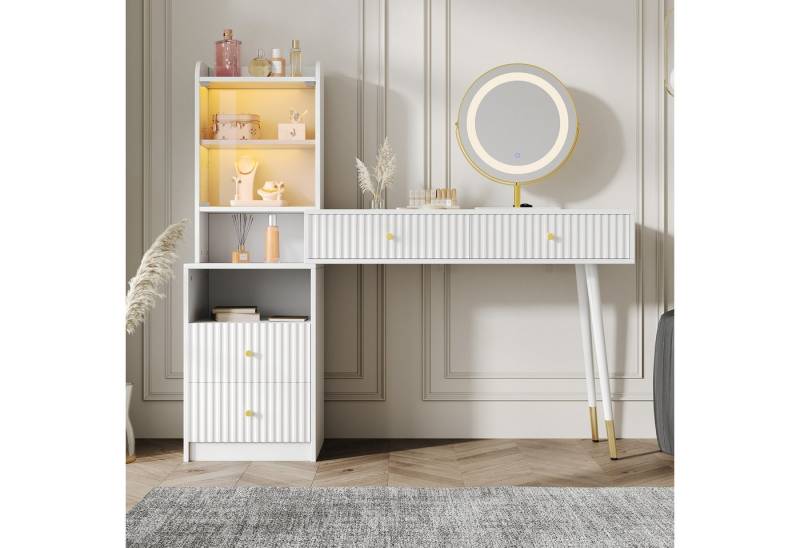 Flieks Schminktisch, 100x40x125cm mit dreifarbigem LED-Spiegel, 4 Schubladen, Glasschrank Flieks Schminktisch, 100x40x125cm mit dreifarbigem LED-Spiegel, 4 Schubladen, Glasschrank von Flieks