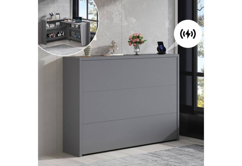 Flieks Schreibtisch 2-in-1 Sideboard & Arbeitsplatz mit Rollen und Wireless Charger (1-St), drehbar Arbeitstisch faltbar Mehrzweckschrank mit Ablagen Grau von Flieks