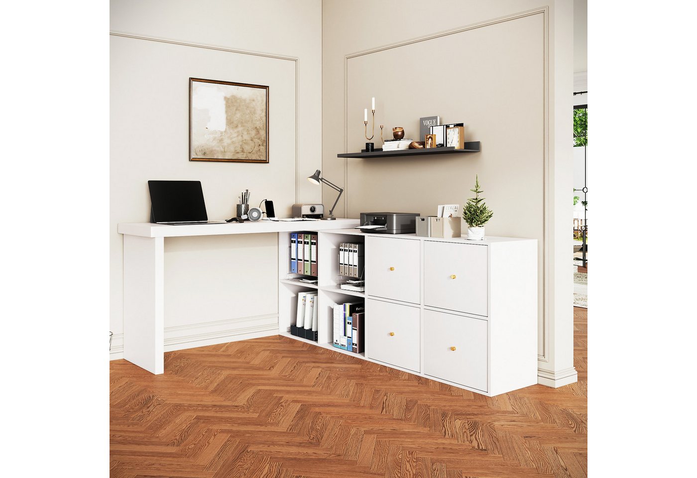 Flieks Schreibtisch 360° drehbar Bürotisch mit 4 Schubladen und 4 Fächern (Tischlänge 120xT48xH78 cm/Schranklänge 140xT35 cm, 2-St., 1 Tisch schwenkbar), Computertisch Eckschreibtisch L-förmiger Arbeitstisch mit Kommode weiß von Flieks