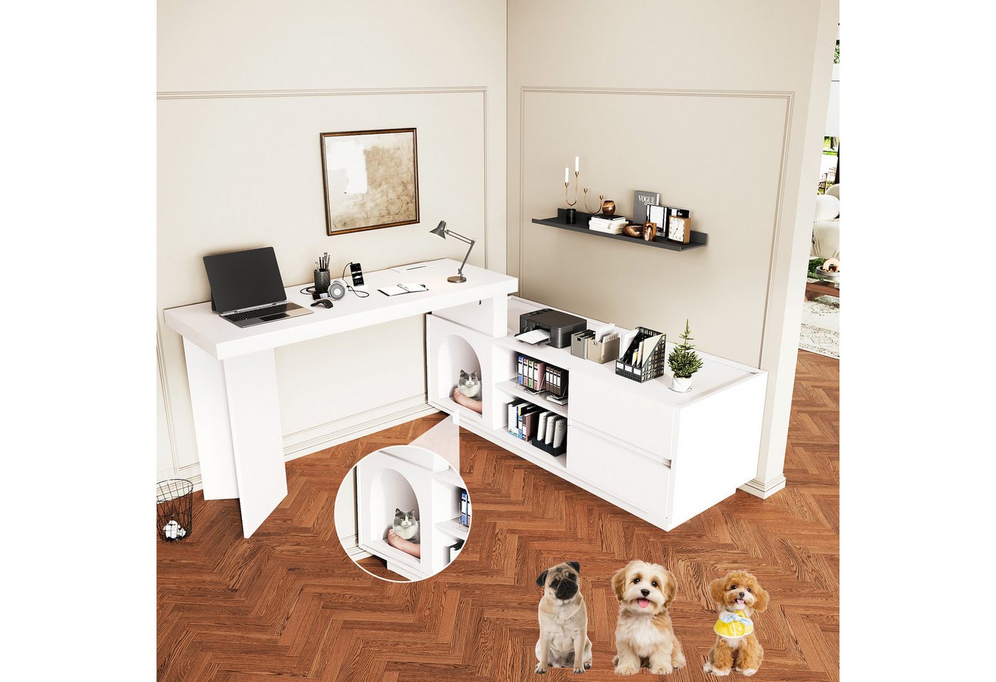 Flieks Schreibtisch Bürotisch Computertisch mit integriertem Tierhaus und 2 Schubladen (Set, 2-St., Tischlänge 120xT50xH75 cm/Schranklänge 120xT50 cm), drehbarer Eckschreibtisch L-förmiger Arbeitstisch mit Kommode von Flieks