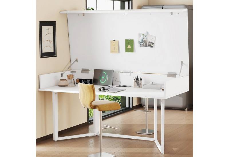 Flieks Schreibtisch Clamshell-Design Arbeitstisch mit Steckdosen und klappbare Tischplatte (1-St), rechteckig Bürotisch Computertisch mit Stauraum Weiß von Flieks