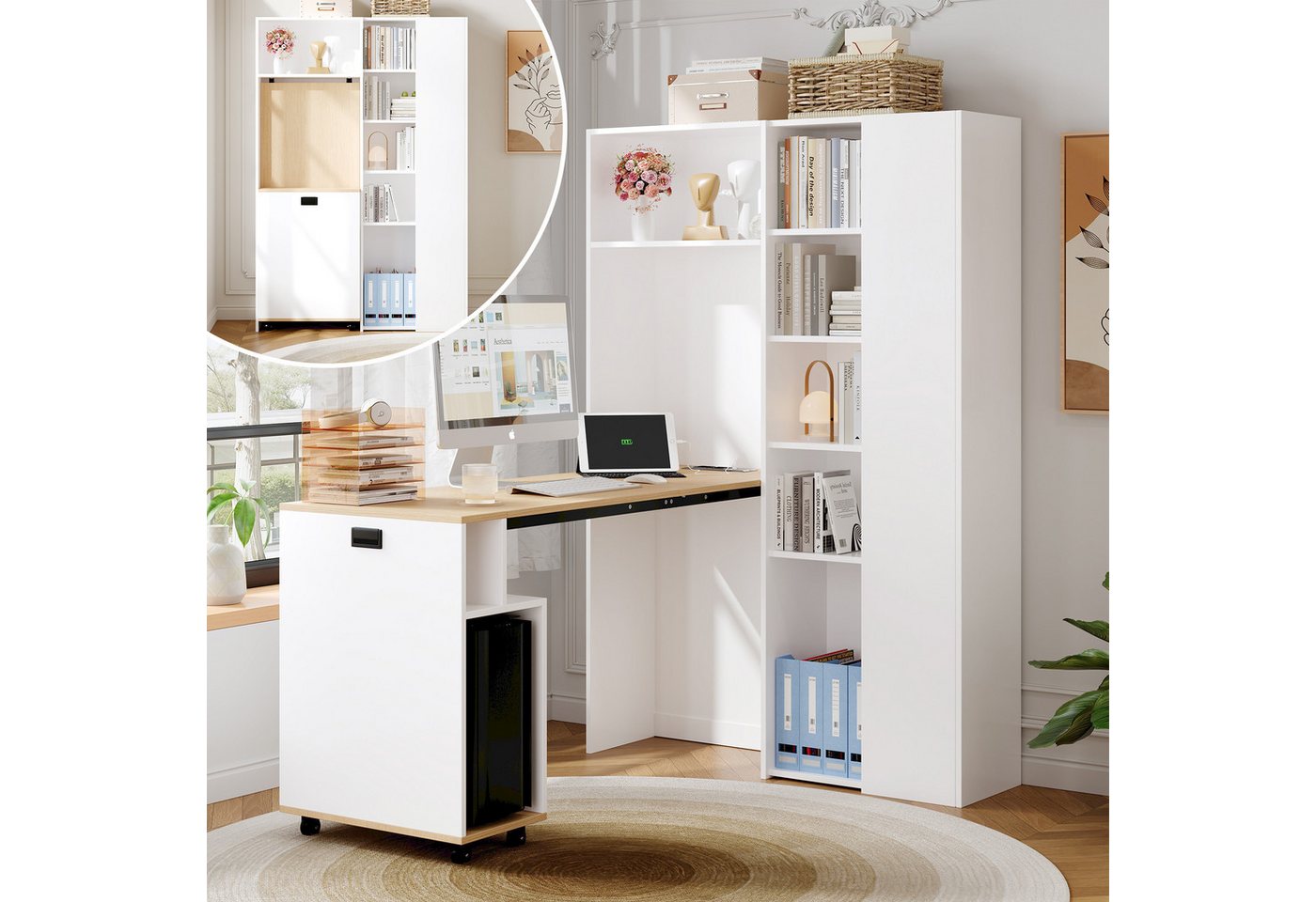 Flieks Schreibtisch klappbarer Arbeitstisch & Bücherregal mit Steckdose und USB-Anschluss (1-St., Holzschrank mit verstellbarer Einlegeböden, Tischplatte in Holzoptik), 2-in-1 Hochschrank und Computertisch Eck-Schreibtisch mit Ablagen weiß von Flieks