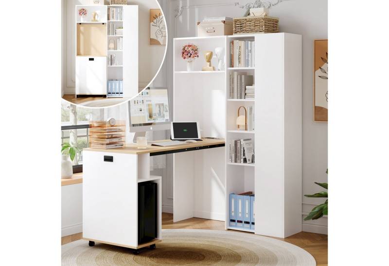 Flieks Schreibtisch klappbarer Arbeitstisch & Bücherregal mit Steckdose und USB-Anschluss (1-St., Holzschrank mit verstellbarer Einlegeböden, Tischplatte in Holzoptik), 2-in-1 Hochschrank und Computertisch Eck-Schreibtisch mit Ablagen weiß von Flieks