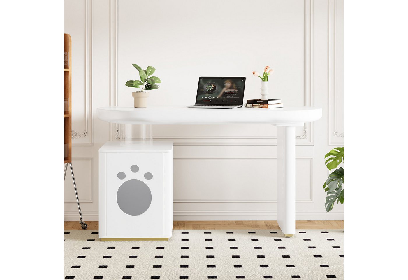 Flieks Schreibtisch mit Haustierbett Weiß (B117/T50/H76 cm, 1-St., 1 Tisch), ovaler Arbeitstisch Computisch Bürotisch mit Schrank von Flieks