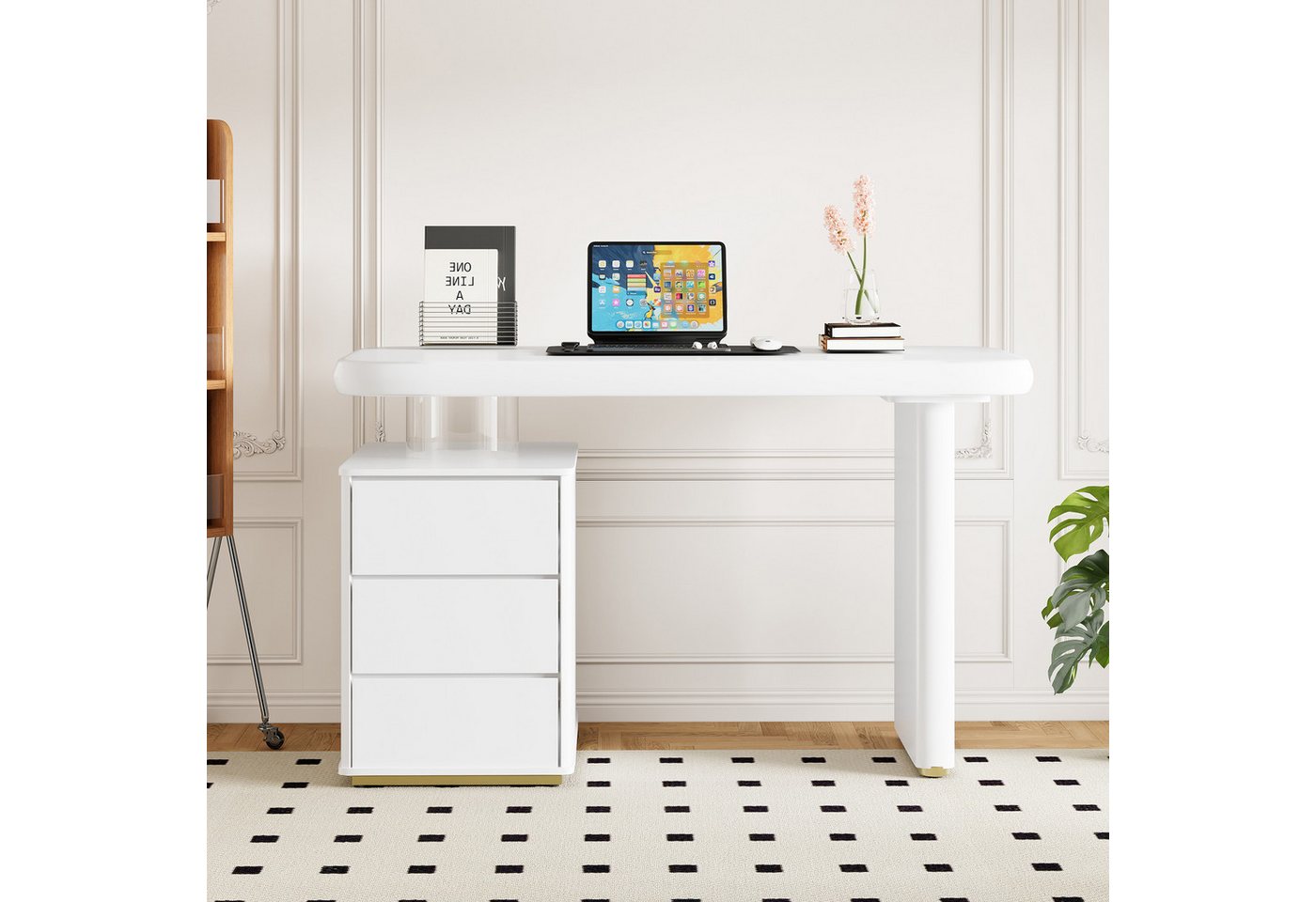 Flieks Schreibtisch mit Schubladenkommode Weiß (117x50x74 cm, 1-St., 1 Tisch), Arbeitstisch Computertisch Bürotisch mit Schrank, abgerundete Kurven von Flieks