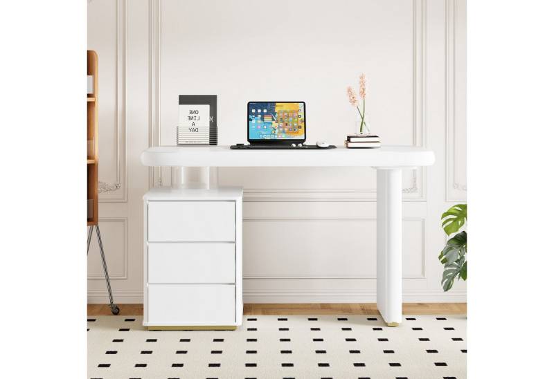 Flieks Schreibtisch mit Schubladenkommode Weiß (117x50x74 cm, 1-St., 1 Tisch), Arbeitstisch Computertisch Bürotisch mit Schrank, abgerundete Kurven von Flieks