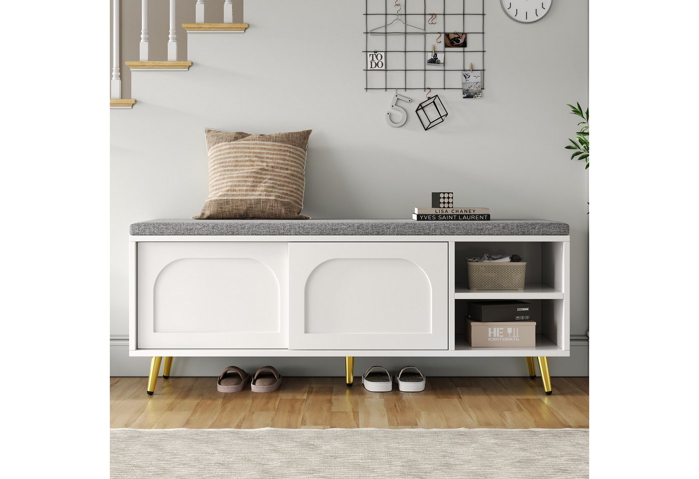 Flieks Schuhbank mit Sitzkissen und Schiebetüren (B121×T35×H49 cm, 1-St), Schuhregal Sitzbank Schuhschrank aus MDF Weiß, Metallbeine von Flieks