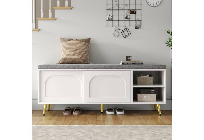 Flieks Schuhbank mit Sitzkissen und Schiebetüren (B121×T35×H49 cm, 1-St), Schuhregal Sitzbank Schuhschrank aus MDF Weiß, Metallbeine von Flieks