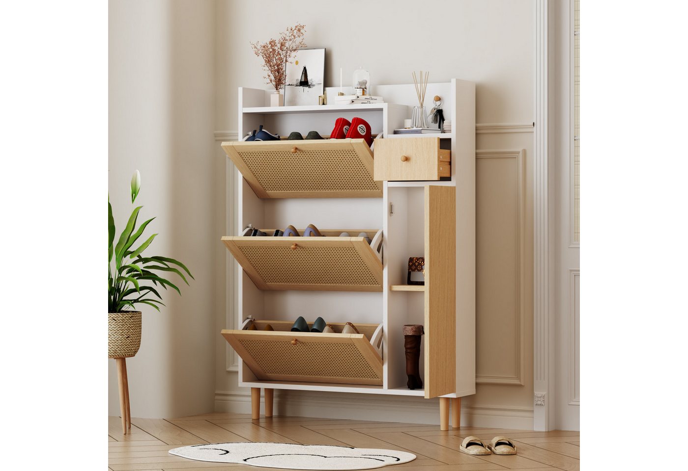 Flieks Schuhschrank (1-St., 90cm breit) Schuhregal mit 3 Klappen Schuhkommode Rattan Massivholzbeine von Flieks