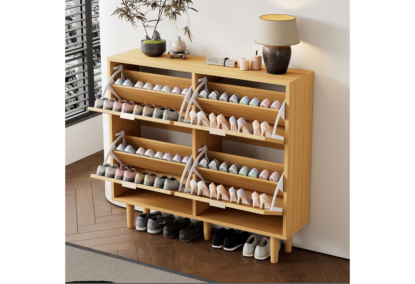 Flieks Schuhschrank (100x25x90 cm, 1-St., mit Metallgriffen, für Flur) Schuhkommode mit 4 Klappschubladen Rattan Schuhregal Massivholzbeine von Flieks