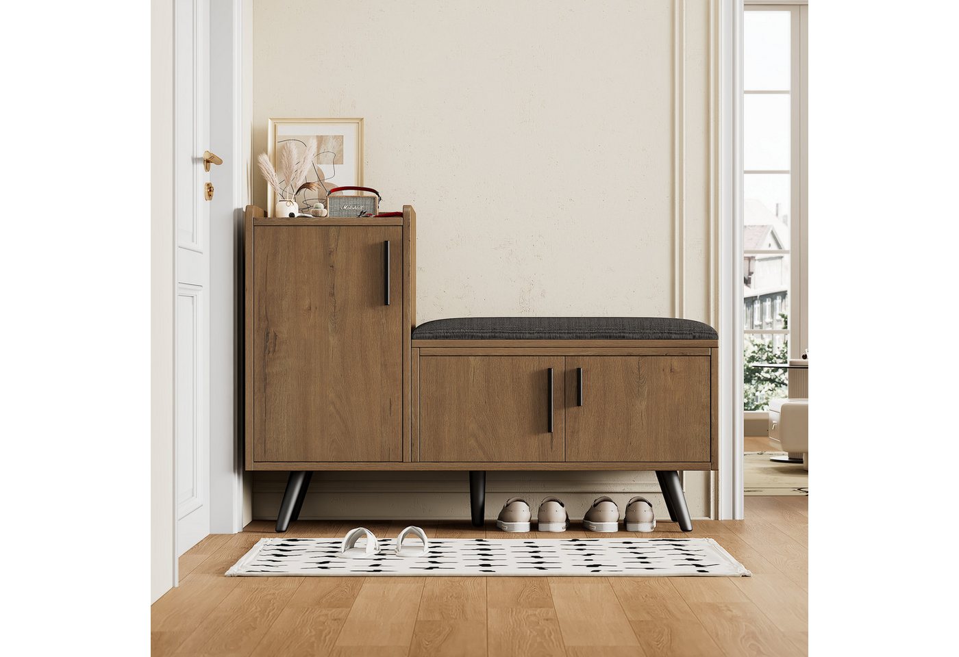 Flieks Schuhschrank (B100/T34/H69 cm, 1-St., gepolsterter Sitzfläche und Metallgriff, ca 10 Paar Schuhe) Schuhwechselhocker mit Seitenschrank Schuhbank mit 3 Tür von Flieks