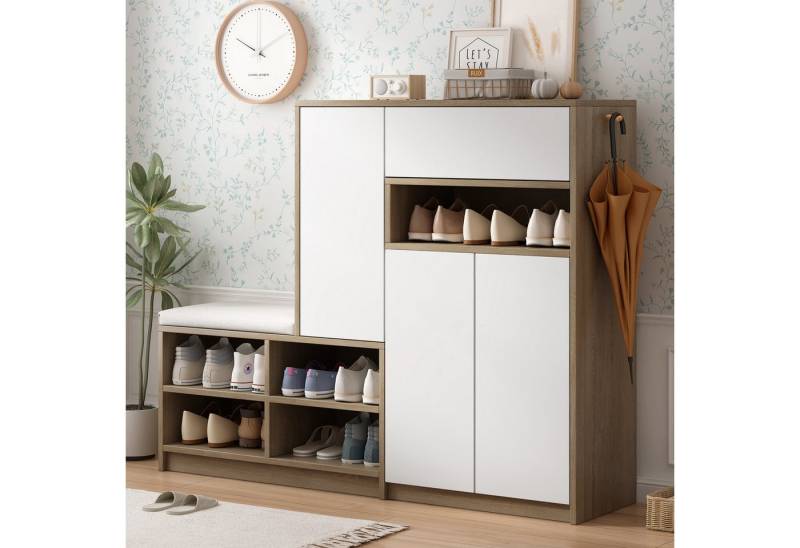 Flieks Schuhschrank (B140/T35/H110cm, 1-St., gepolsterter Sitzfläche, ca 20 Paar Schuhe) Schuhwechselhocker mit Seitenschrank Schuhbank Schuhregal von Flieks