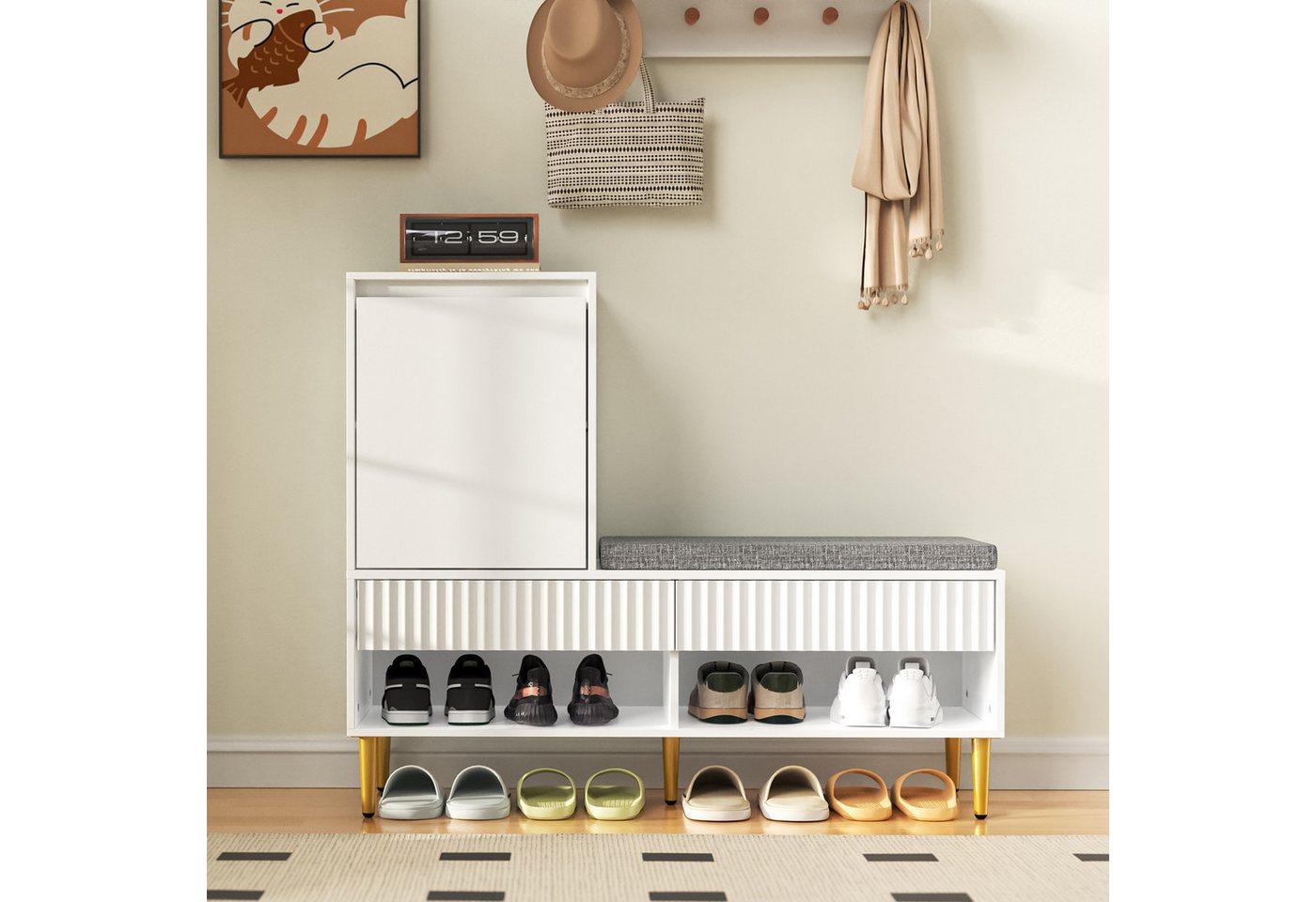 Flieks Schuhschrank Schuhkommode mit 2 Schubladen, 1 Türen und verstellbarer Ablagen (100x35x90cm, 1-St., gepolsterter Sitzfläche und Metallbeine, ca 6 Paar Schuhe) Schuhwechselhocker mit Seitenschrank Schuhbank Schuhregal Weiß von Flieks