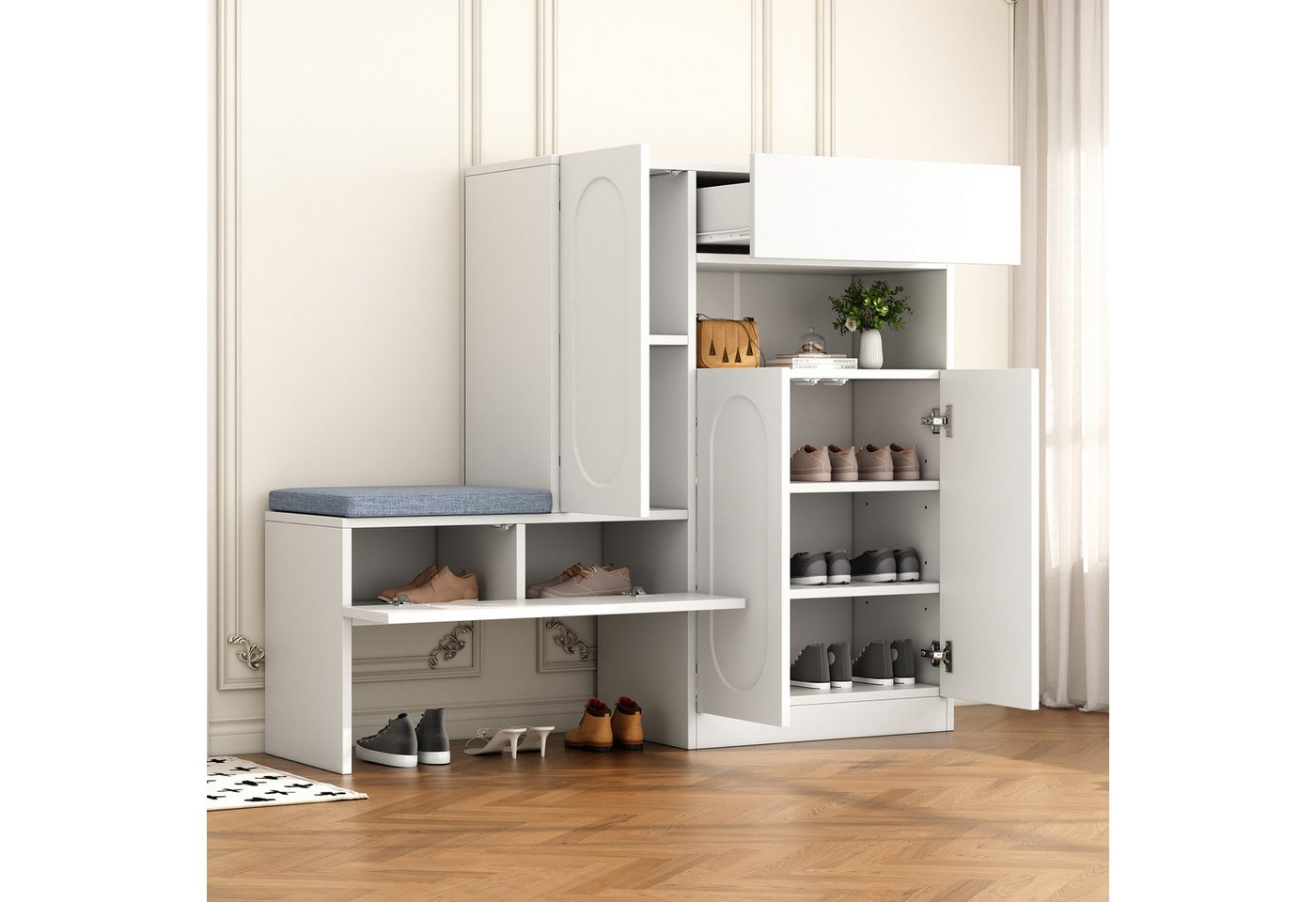 Flieks Schuhschrank Schuhkommode mit gepolsterter Sitzbank (B130/T35/H110 cm, 1-St., mit gepolsterter Sitzfläche) Schuhwechselhocker mit Seitenschrank Schuhbank Schuhregal Weiß von Flieks