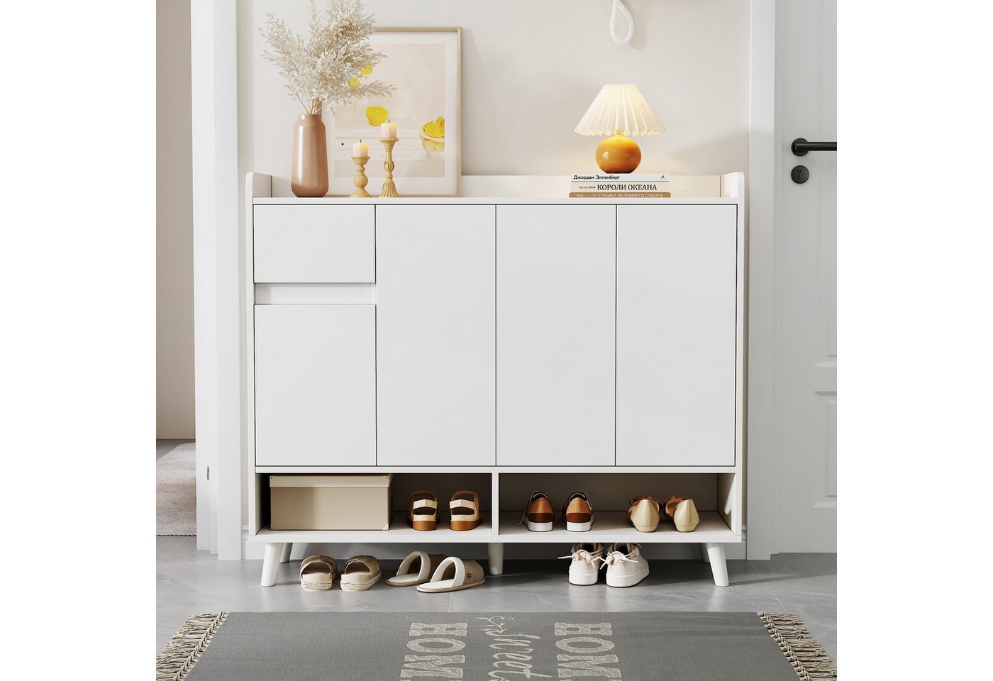 Flieks Schuhschrank mit 1 Schubladen und 4 Türen Weiß (B120/T35/H99 cm, 1-St., mit verstellbaren Einlegeböden) Schuhkommode Mehrzweckschrank Sideboard, Massivholzbeine von Flieks