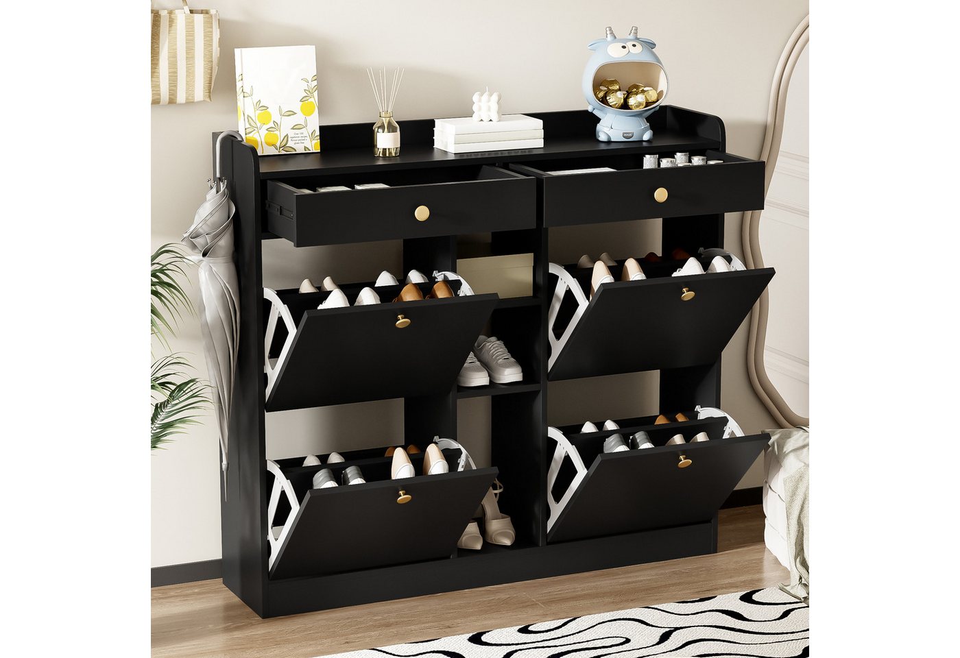 Flieks Schuhschrank mit 4 Klappen, 2 Schubladen und 3 offenen Fächern (1-St) Schuhkommode Schuhregal Schuhkipper Schwarz, B110/T26/H100 cm von Flieks