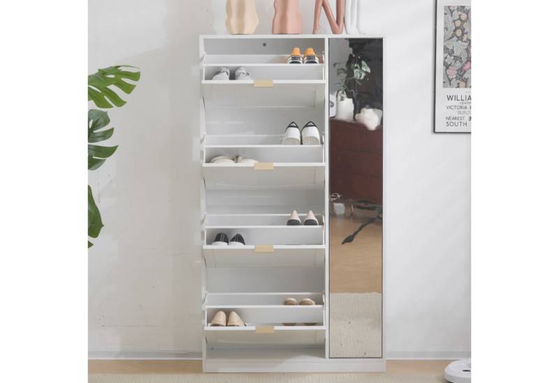 Flieks Schuhschrank mit Spiegel (1-St., B80/H147/T24 cm) Schuhkommode mit 4 Klappen Schuhregal Schuhkipper weiß von Flieks